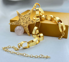 18K Gold Plated Texture Star Pendant Link Chain Necklace