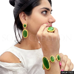 Gold plated Unique Design Monalisa Stone of Drop and Dangle Earring Bracelet and Ring SKU7503