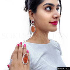 Gold plated Unique Design Monalisa Stone of Drop and Dangle Earring Bracelet and Ring SKU7503