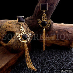 Gold plated Black Stone Long Drop & Dangle Earring SKU5653