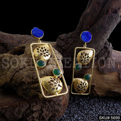 Gold plated Handmade Blue and Green Stone Statement Drop & Dangle Earring SKU5699