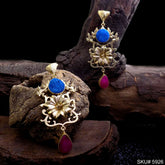 Gold plated Designer Flower and Gemstone Drop and Dangle Earrings SKU5926