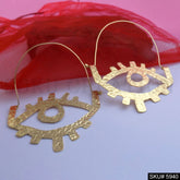 Gold plated Designer Hammered Long Big Eye Hoops Earring SKU5940