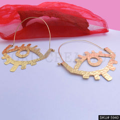 Gold plated Designer Hammered Long Big Eye Hoops Earring SKU5940