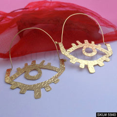 Gold plated Designer Hammered Long Big Eye Hoops Earring SKU5940