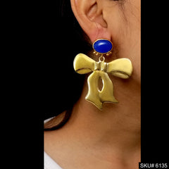 Ribbon Tie with Blue Stone Gold plated Drop and Dangle Earring SKU6135
