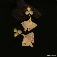 Gold plated Statement Red Stone Flower Style Drop and Dangle Earrings SKU6956
