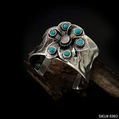 Mattel Plated Hammered Cuff with Turquoise Stone Flower Style Design of Cuff SKU6983
