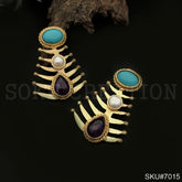 Gold plated Statement Twisted Wire Turquoise Pearl and Black Stone Style Stud Earring SKU7015