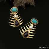 Gold plated Statement Twisted Wire Turquoise Pearl and Black Stone Style Stud Earring SKU7015
