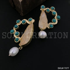 Gold Plated Unique Statement Turquoise Stone and Pearl Handmade Big Stud Earring SKU7077