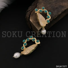 Gold Plated Unique Statement Turquoise Stone and Pearl Handmade Big Stud Earring SKU7077