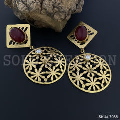 Gold Plated Unique Flower Red Stone and Pearl Handmade Drop and Dangle Earring SKU7085