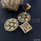 Gold Plated Unique Flower Red Stone and Pearl Handmade Drop and Dangle Earring SKU7085