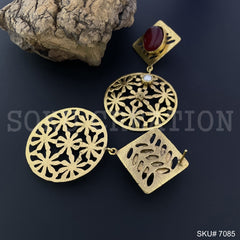 Gold Plated Unique Flower Red Stone and Pearl Handmade Drop and Dangle Earring SKU7085