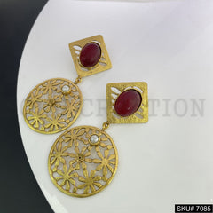 Gold Plated Unique Flower Red Stone and Pearl Handmade Drop and Dangle Earring SKU7085