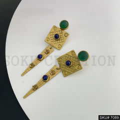 Gold Plated Unique Green Stone Statement Handmade Drop and Dangle Earring SKU7089