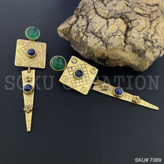 Gold Plated Unique Green Stone Statement Handmade Drop and Dangle Earring SKU7089