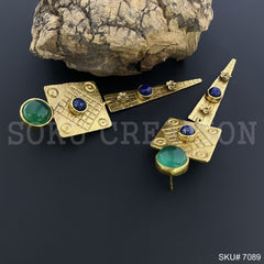 Gold Plated Unique Green Stone Statement Handmade Drop and Dangle Earring SKU7089