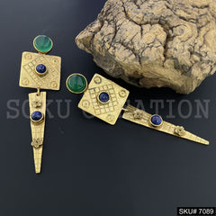 Gold Plated Unique Green Stone Statement Handmade Drop and Dangle Earring SKU7089