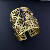 Gold Plated Designer Big Cuff with Blue Stone and Twisted Wire Flower SKU7095