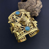 Gold Plated Designer Big Cuff with Blue Stone and Dragonfly Flower SKU7097