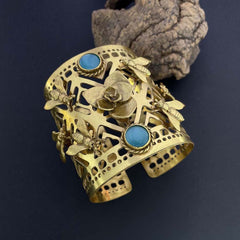 Gold Plated Designer Big Cuff with Blue Stone and Dragonfly Flower SKU7097