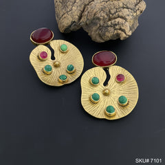 Gold Plated Unique Red and Green Stone Statement Handmade Drop and Dangle Earring SKU7101