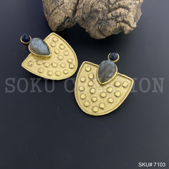 Gold Plated Unique Labra and Blue Stone Statement Handmade Drop and Dangle Earring SKU7103