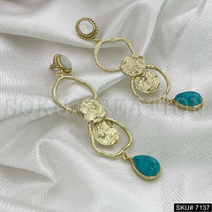 Gold Plated Statement Twisted Wire Turquoise and Pearl Stone Hammered Handmade Drop and Dangle Earring SKU7137