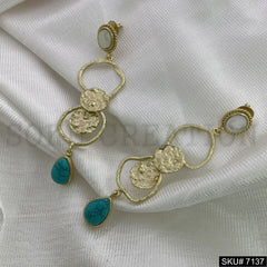 Gold Plated Statement Twisted Wire Turquoise and Pearl Stone Hammered Handmade Drop and Dangle Earring SKU7137