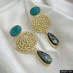 Gold Plated Statement Dotted Turquoise and Labra Stone Handmade Drop and Dangle Earring SKU7141