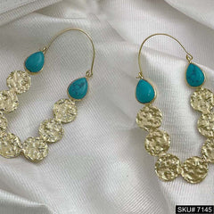 Gold Plated Turquoise Drop Shape Hammered Handmade Hoops Earring SKU7145