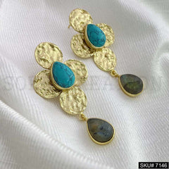 Gold Plated Turquoise and Labra Stone Drop Shape Hammered Flower Handmade Drop and Dangle Earring SKU7146