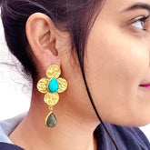 Gold Plated Turquoise and Labra Stone Drop Shape Hammered Flower Handmade Drop and Dangle Earring SKU7146