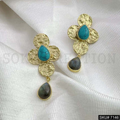 Gold Plated Turquoise and Labra Stone Drop Shape Hammered Flower Handmade Drop and Dangle Earring SKU7146