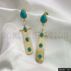Gold Plated Turquoise Drop Shape Hammered Handmade Drop and Dangle Earring SKU7147