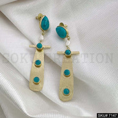Gold Plated Turquoise Drop Shape Hammered Handmade Drop and Dangle Earring SKU7147