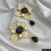 Gold Plated Statement Labra stone Drop Style Hammered Flower Handmade Drop and Dangle Earring SKU7151
