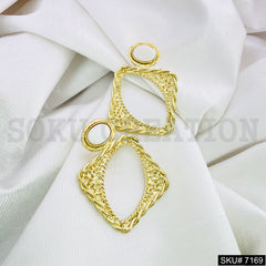 Gold Plated Statement Square and Leaf style Shape with White Stone Handmade Drop and Dangle Earring SKU7169