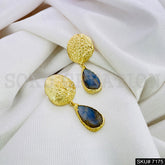 Gold Plated Statement Labra stone Drop Style Hammered Drop and Dangle Earring SKU7175