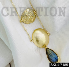 Gold Plated Cable Chain with Statement Hammered and Labra Stone Design of Light Wight NecklaceSKU7185