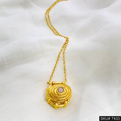 Artistic Gold Pendant Necklace with Textured Spiral Design and Pearl Accent SKU# 7433