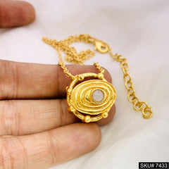 Artistic Gold Pendant Necklace with Textured Spiral Design and Pearl Accent SKU# 7433
