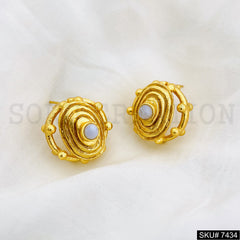 Gold Plated Unique White Stone Doted Style of Handmade Stud Earrings SKU7434