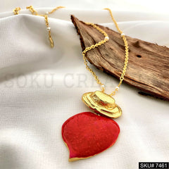 Gold Plated Red Enamel Heart Style Handmade Pendant With Chain SKU7461