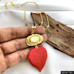 Gold Plated Red Enamel Heart Style Handmade Pendant With Chain SKU7461