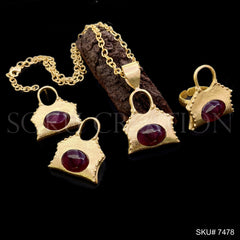 Gold plated Unique Design Gemstone Lock of Stud Earring, Ring and Necklace SKU7478