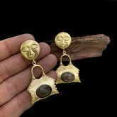 Gold plated Handmade Goddess Face Design Drop and Dangle Lock with Gemstone Earring SKU7482