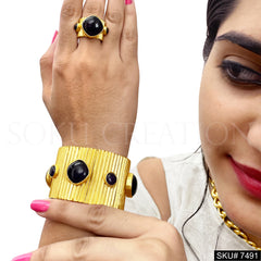Gold plated Unique Statement Gemstone Stone Ring and Cuff Bangle SKU7491